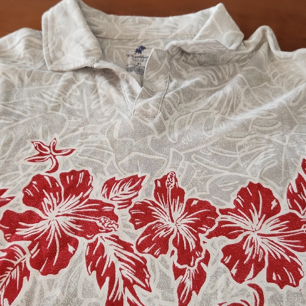 Caribbean Supima Men's Size XL Short Sleeve Polo Shirt Hibiscus Gray Red